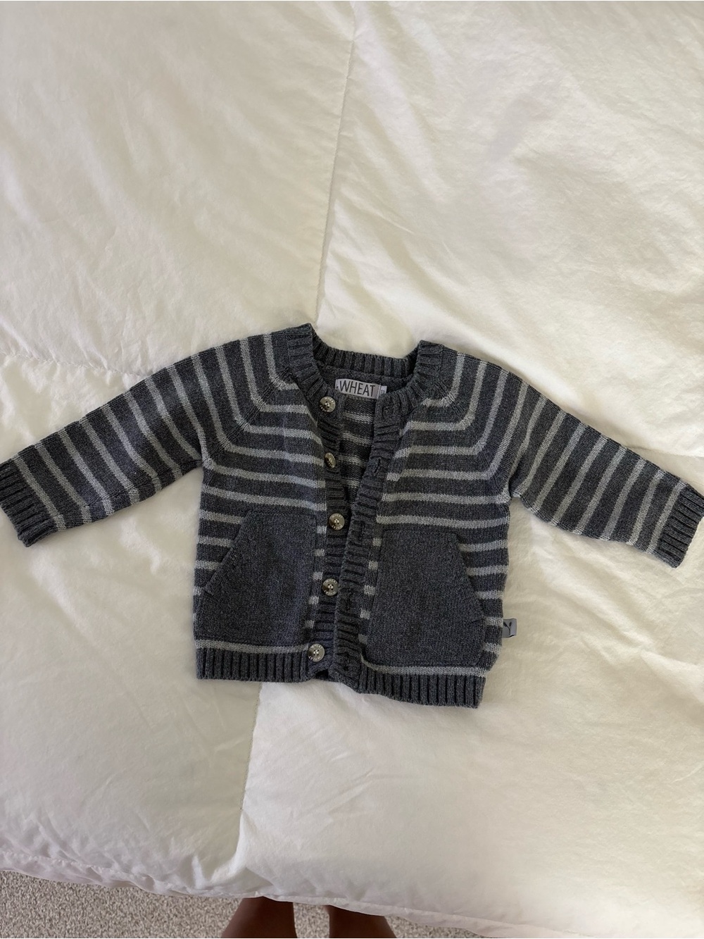 Wheat Organic Cotton Charcoal Gray Striped Knit Cardigan for Baby